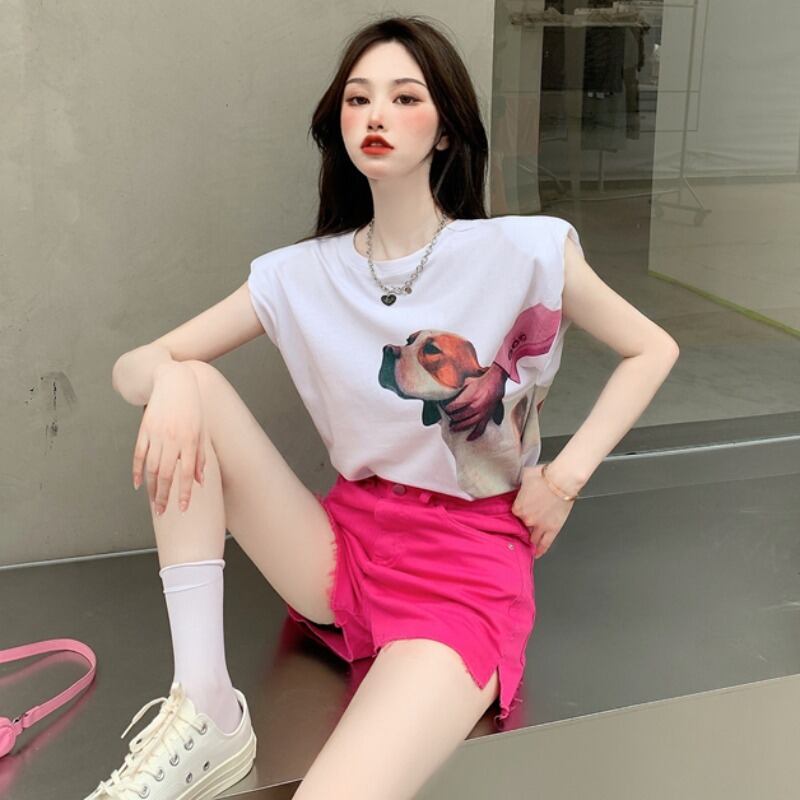 サマーノースリーブプリントTシャツ トップス ハイウェストウェストカジュアルショーツ 夏物 ブルマー ハンチェンe57034991041