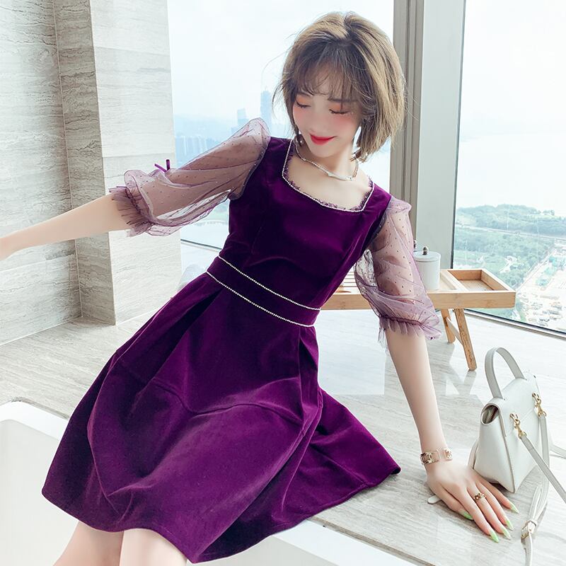 ゴールドメッシュカラーウェストドレス オータム 秋物 スクウェア ステッチ MIUCO51594203259