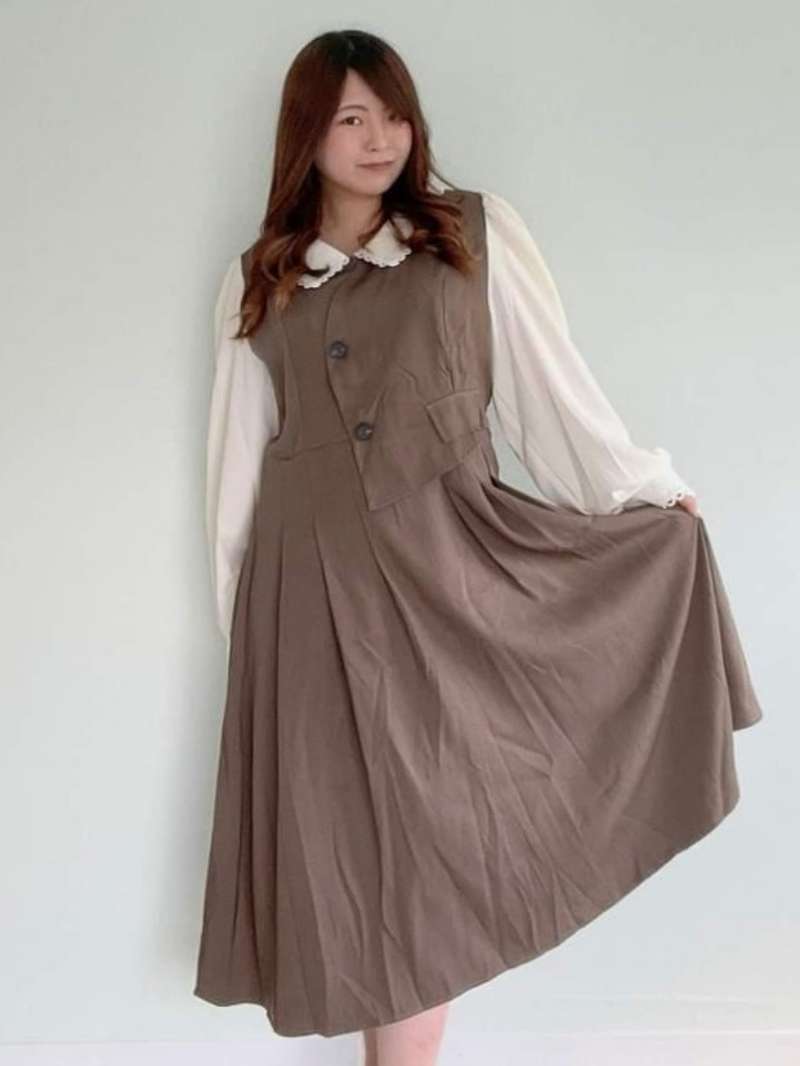 レイヤード風襟付きアシンメトリーワンピデート お呼ばれ かわいい レトロ クラシカル バイカラー 大きいサイズ 韓国 CH7270