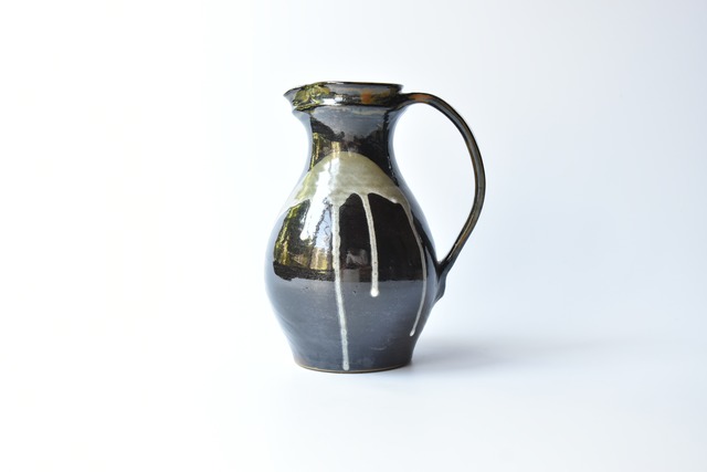 <Event Only> 小鹿田焼 / 小袋道明窯  : 7寸ピッチャー 真黒 白なだれ