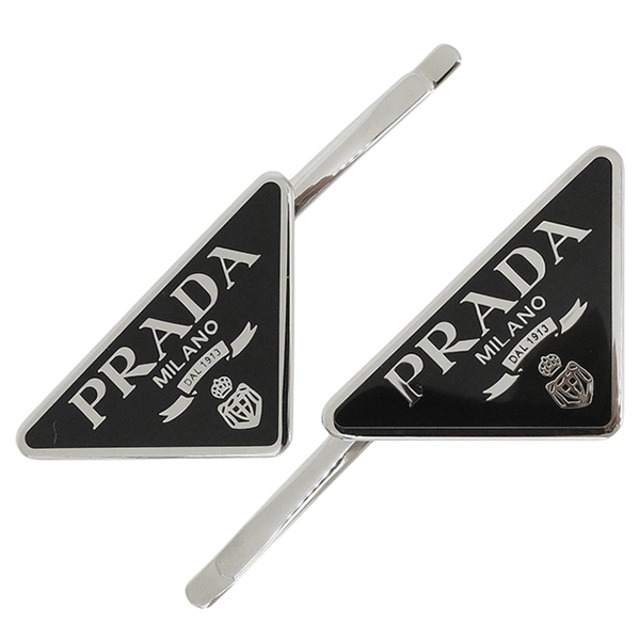 Unused PRADA プラダ ヘアピン エナメル メタル トライアングルロゴ シルバー ブラック 1IF051 ヘアアクセサリー 髪留め 未使用品