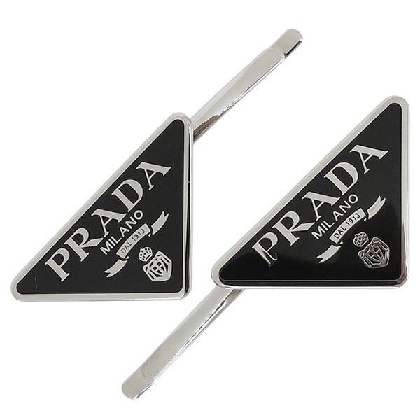 Unused PRADA プラダ ヘアピン エナメル メタル トライアングルロゴ シルバー ブラック 1IF051 ヘアアクセサリー 髪留め 未使用品