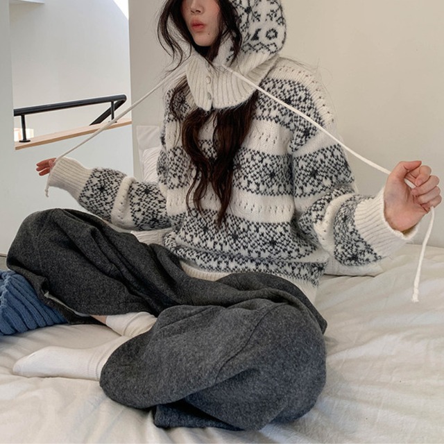 fair isle knit with removable hood　J00396