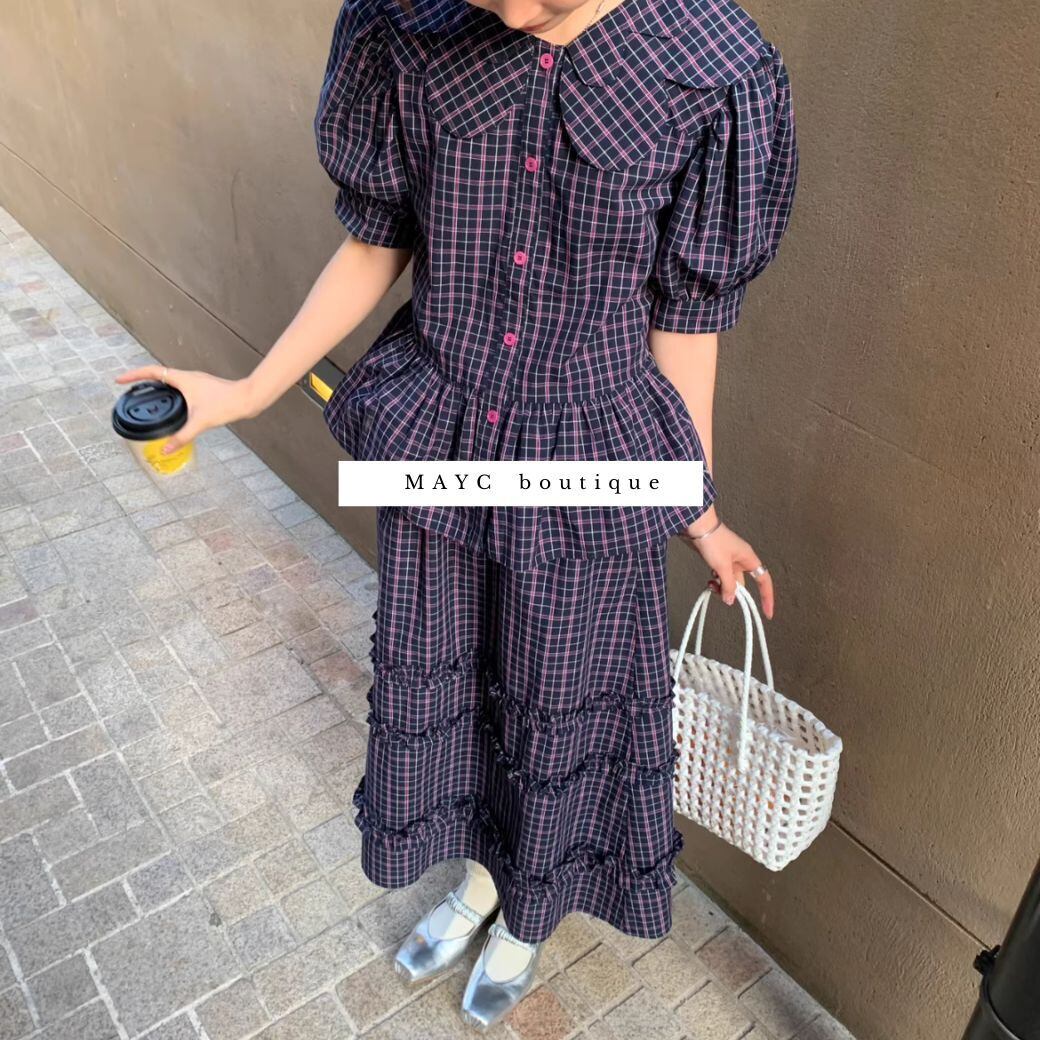 <★即納★> retro plaid puff sleeve top or skirt