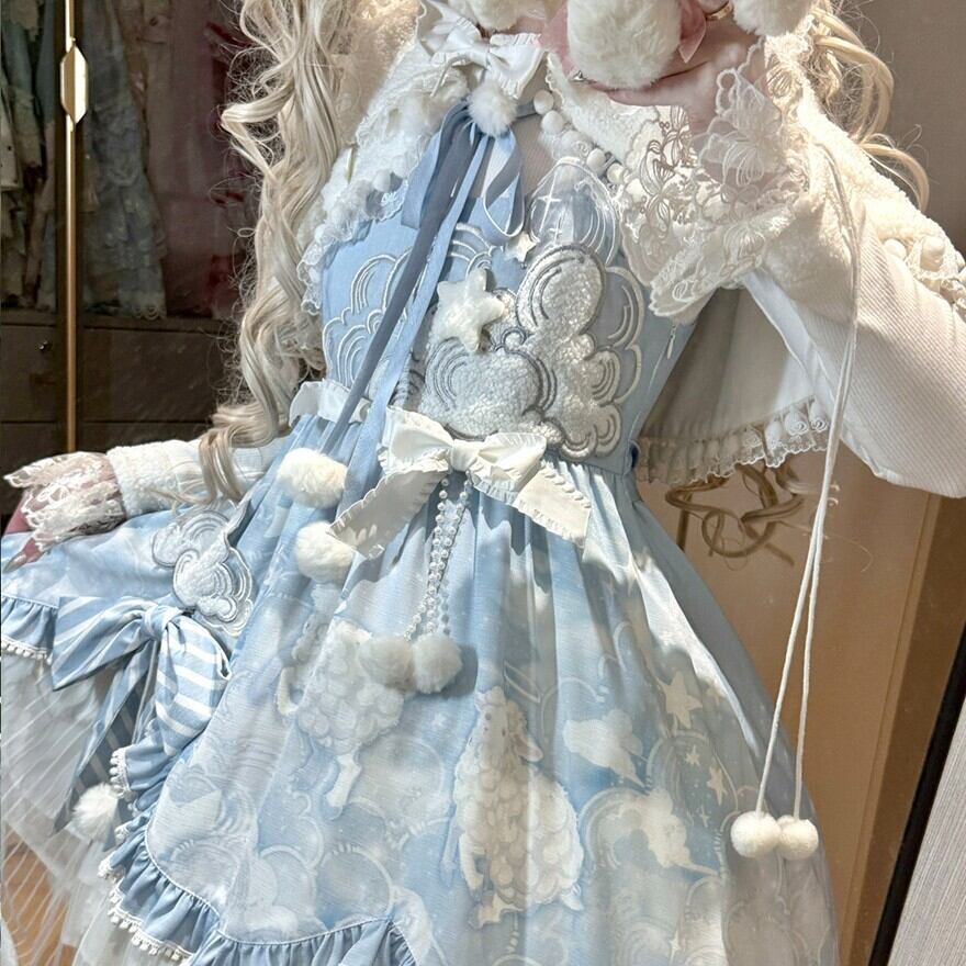 甘ロリ｜雲モチーフJSK＋ブラウス＋ケープ3点セット（ブルー）撮影会