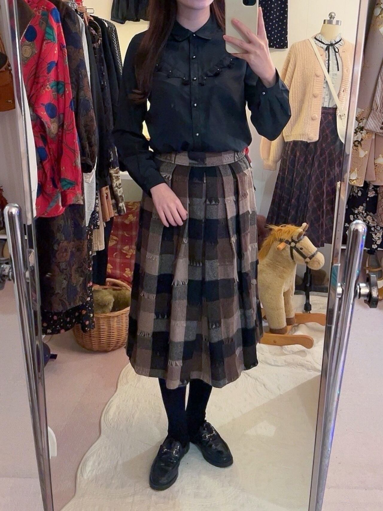 block check fringe wool skirt