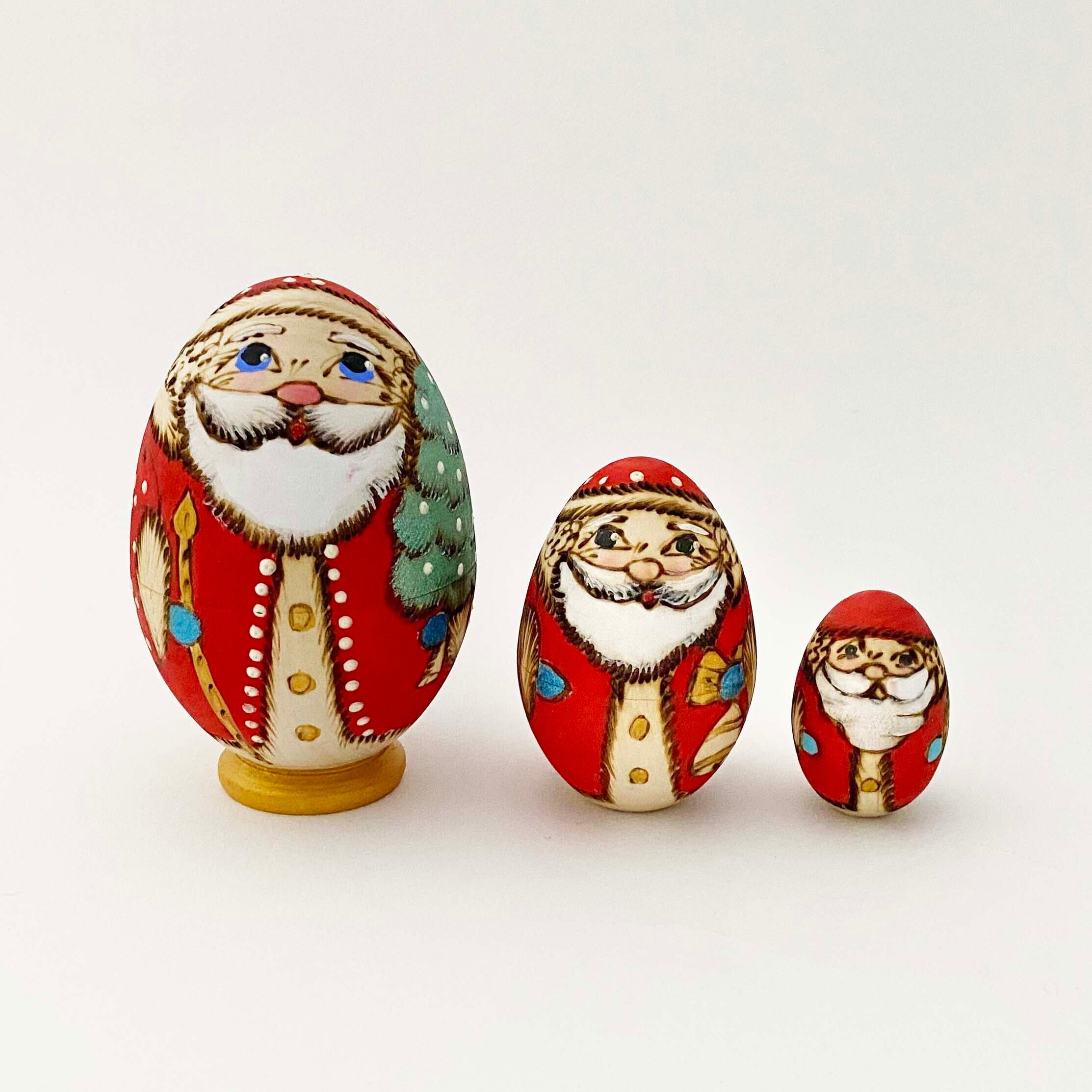 サンタ 焼ごて描彩マトリョーシカ(卵型3個組)