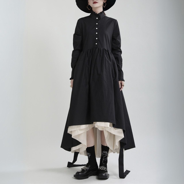 Stand collar hi-lo hem flare dress C0917