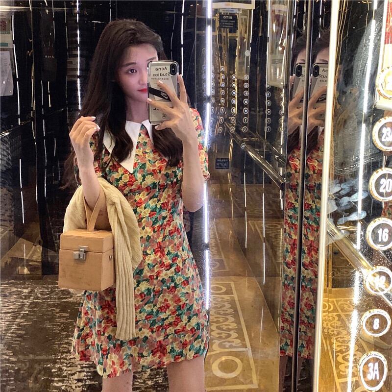 ドレス女性サマードレス2020新しいラペルフローラルランタンスリーブウエストレトロフェアリースカートaラインショートスカートトレンド 1号婦人39753871302