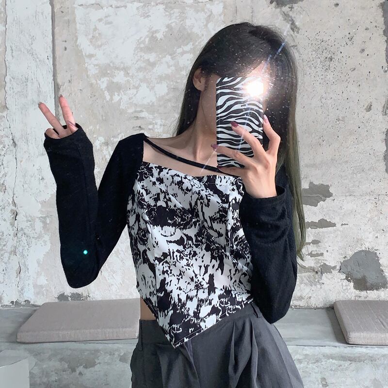 Tシャツ スプリングオータムカラーショートトップス ロング 春物 秋物 スクウェア 試着室81373205550