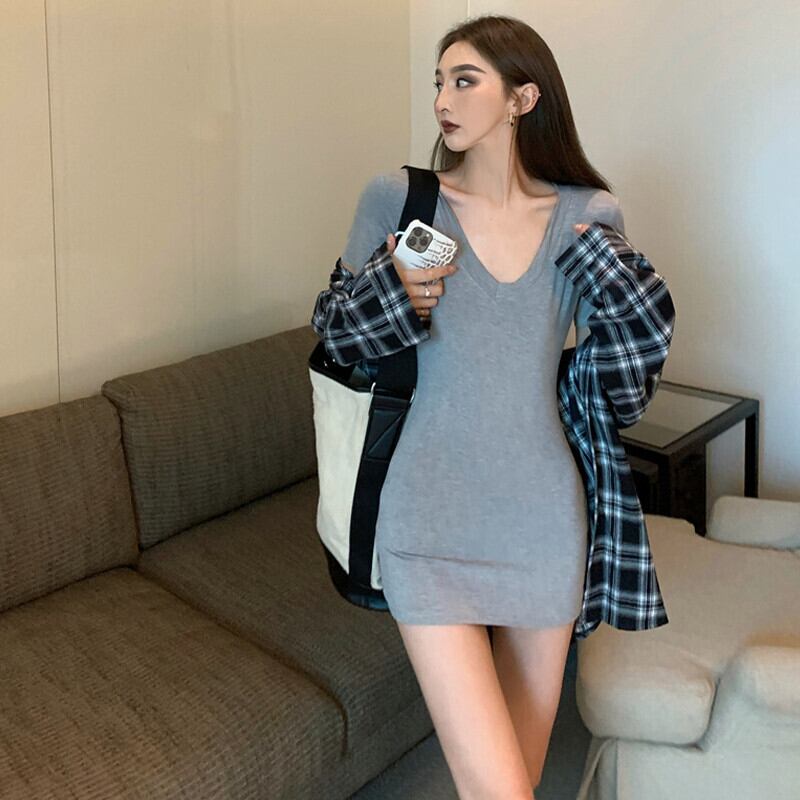 オータムVネックカジュアルTシャツ シャツ ドレス ルーズ格子柄 ストリート 秋物 ガールズファッション85166186794