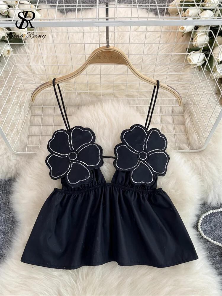 Sing補強-女性の花のbeadingsトップス、スウィートストラップ、Vネック、背中の開いた、レースアップ、フリル、ビーチウェア、セクシー、夏の休暇、素晴らしい_429