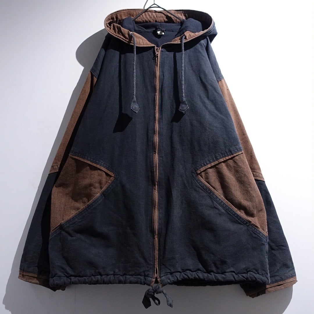 Faded Black x Brown Switching Design Fleece Lined Cotton Hooded Zip Jacket