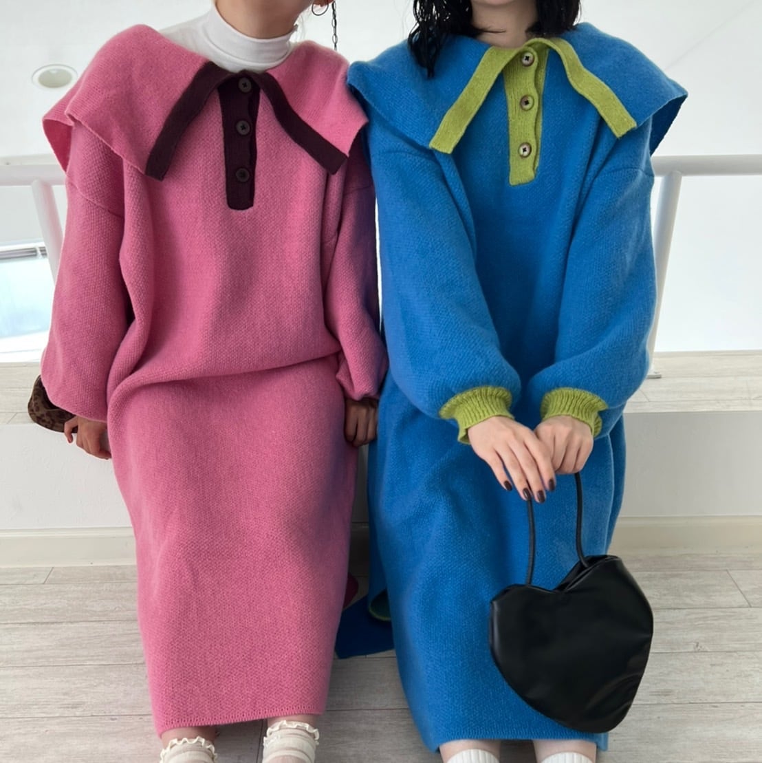 ビッグカラーバイカラーニットワンピース_LN01604