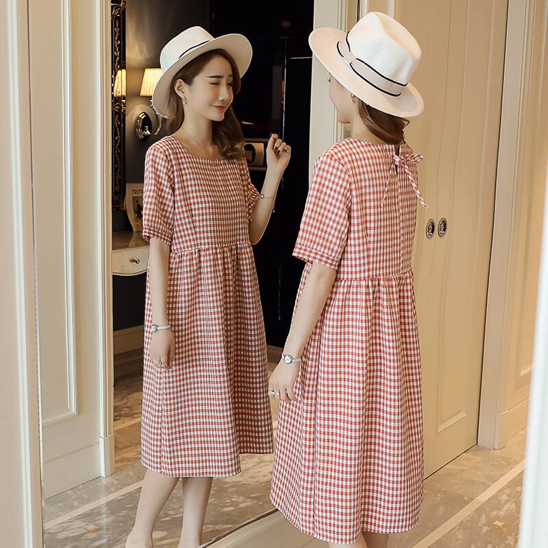【新作】【送料無料】 新しいプラスサイズのマタニティドレスファッションチェック柄ルーズミドルレングスマタニティドレスのマタニティドレス2019夏バージョン-アリババ 大きめサイズ サマー 夏物 expec263451779458
