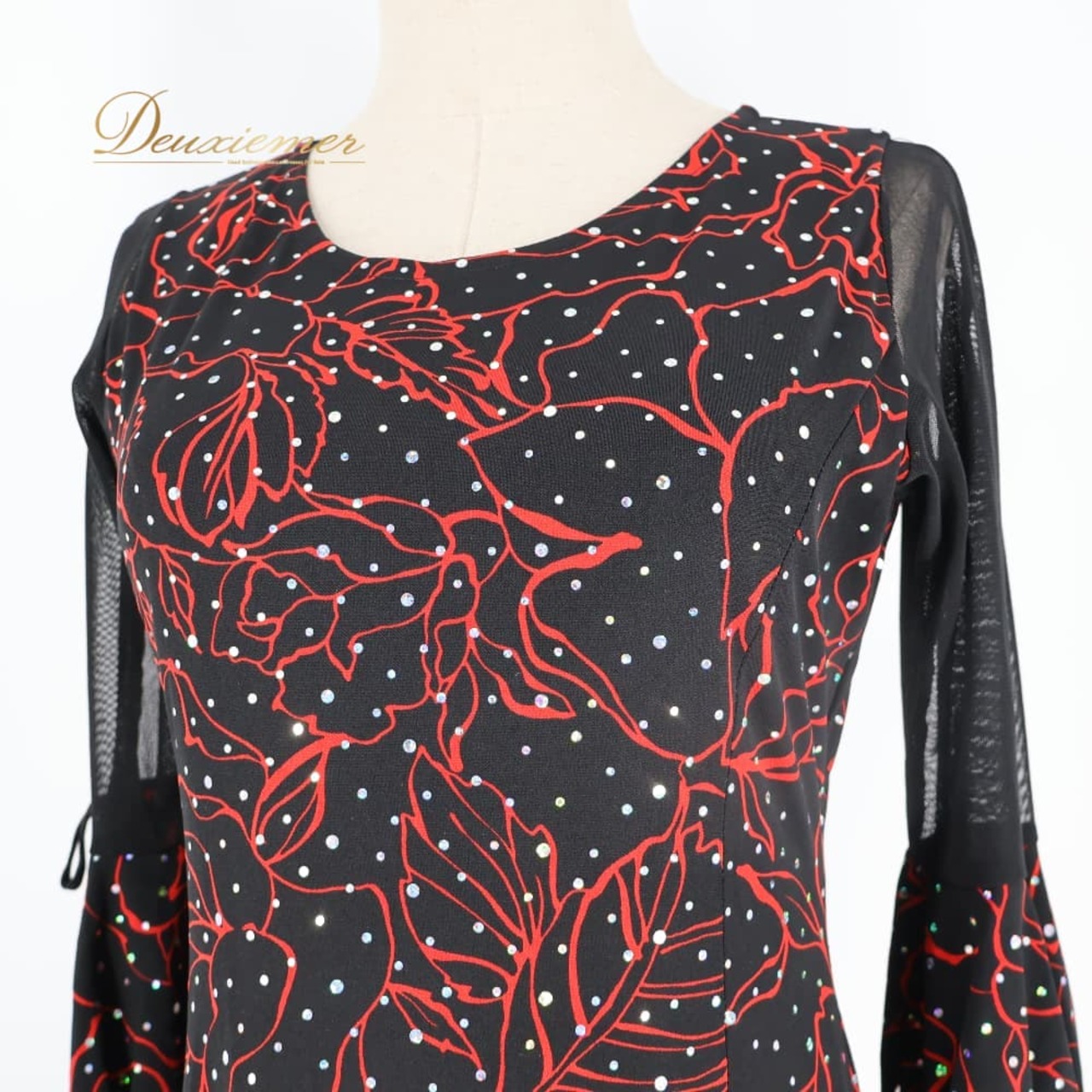 社交ダンス 衣装 JUN FASHION ドレス ワンピース ブラック系 花 花柄 ホログラム キラキラ レース 透け感 上品 練習 レッスン 黒 赤 伸縮 ストレッチ ダンス衣装 イベント ステージ パーティー レディース 柄 模様 レッド系