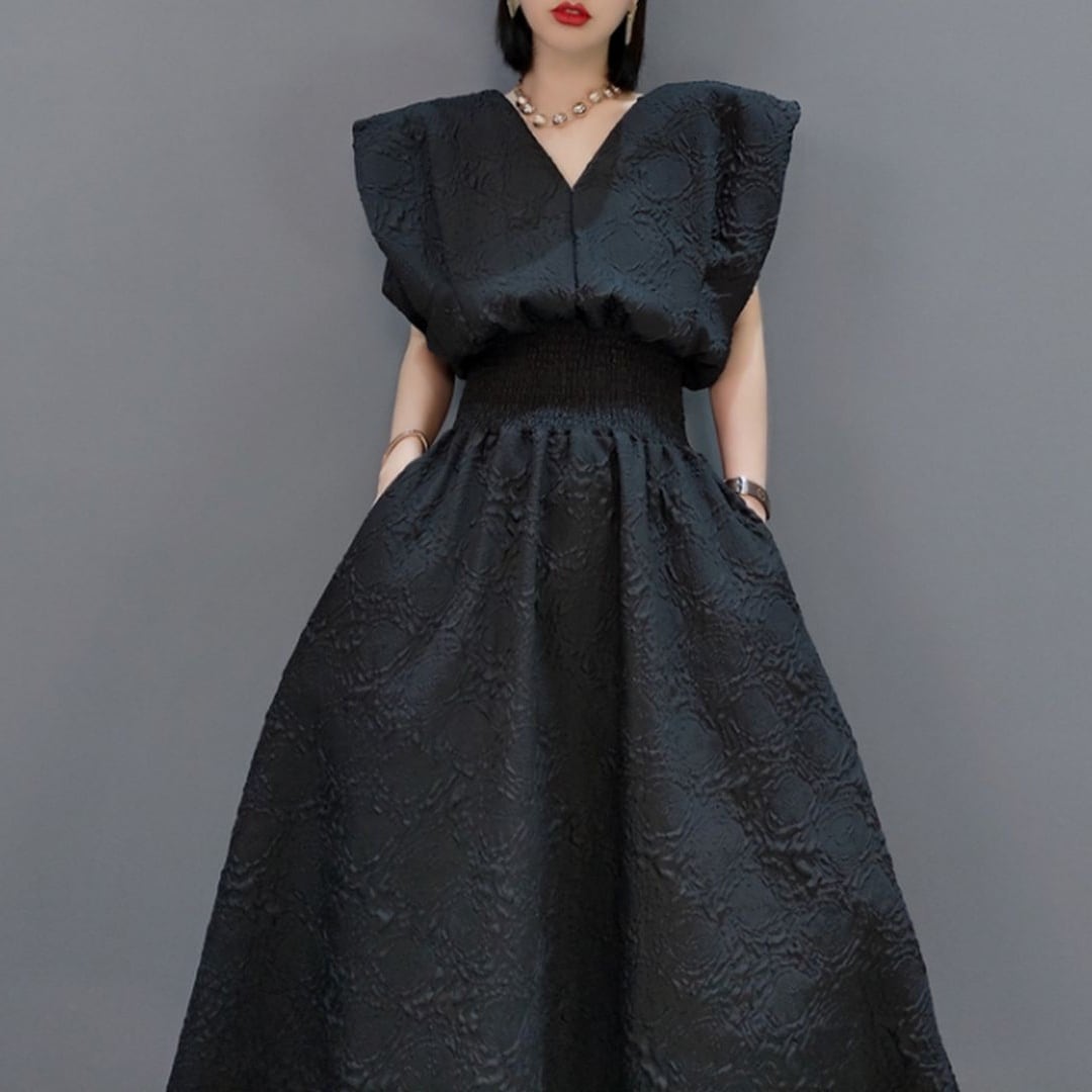 エンボスVネックパワーショルダーワンピース ON0435