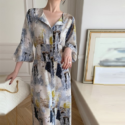 【アートプリントワンピース】袖コンシャス ハイウエスト ボリュームスリーブ ロング丈