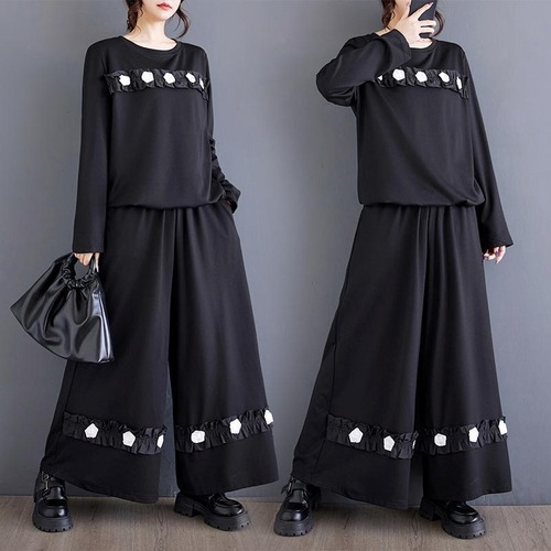 新品 大きいサイズ4L セットアップ 秋冬黒レトロ ゆったり ワイドパンツ