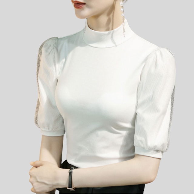 モックネック シースルーパフスリーブ スリムフィット トップス 2col D00489