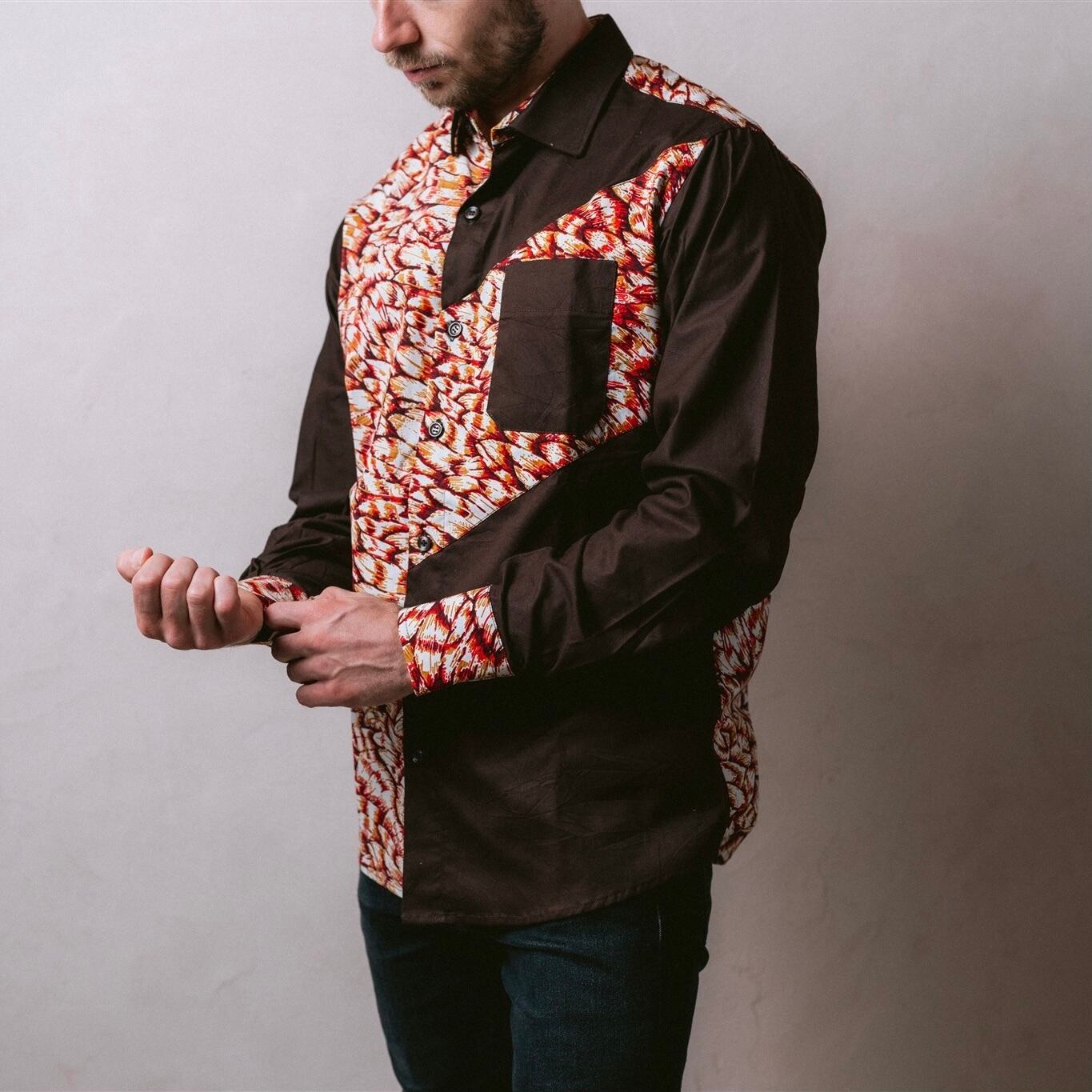 専用オーダー品 アフリカ布 アロハシャツ 開襟シャツ アフリカンプリント LONG SLEEVES / メンズシャツ / African Print / アフリカン