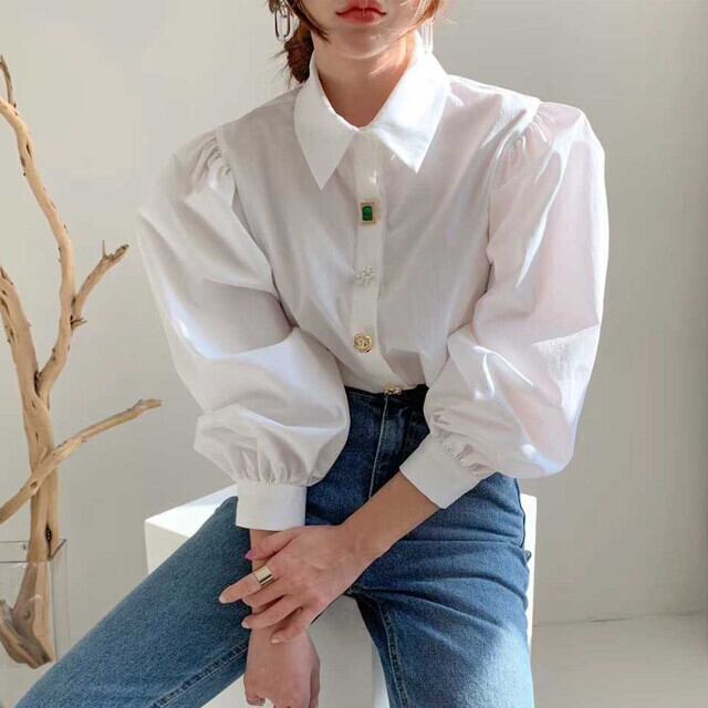 全2色 ホワイト/ブラック レディース ブラウス 長袖 袖あり ビジューボタン ボリューム袖 S/M/L/XL