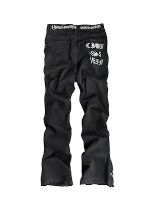 【CinderVein】Demon Skull Graffiti Print Flare Denim Pants