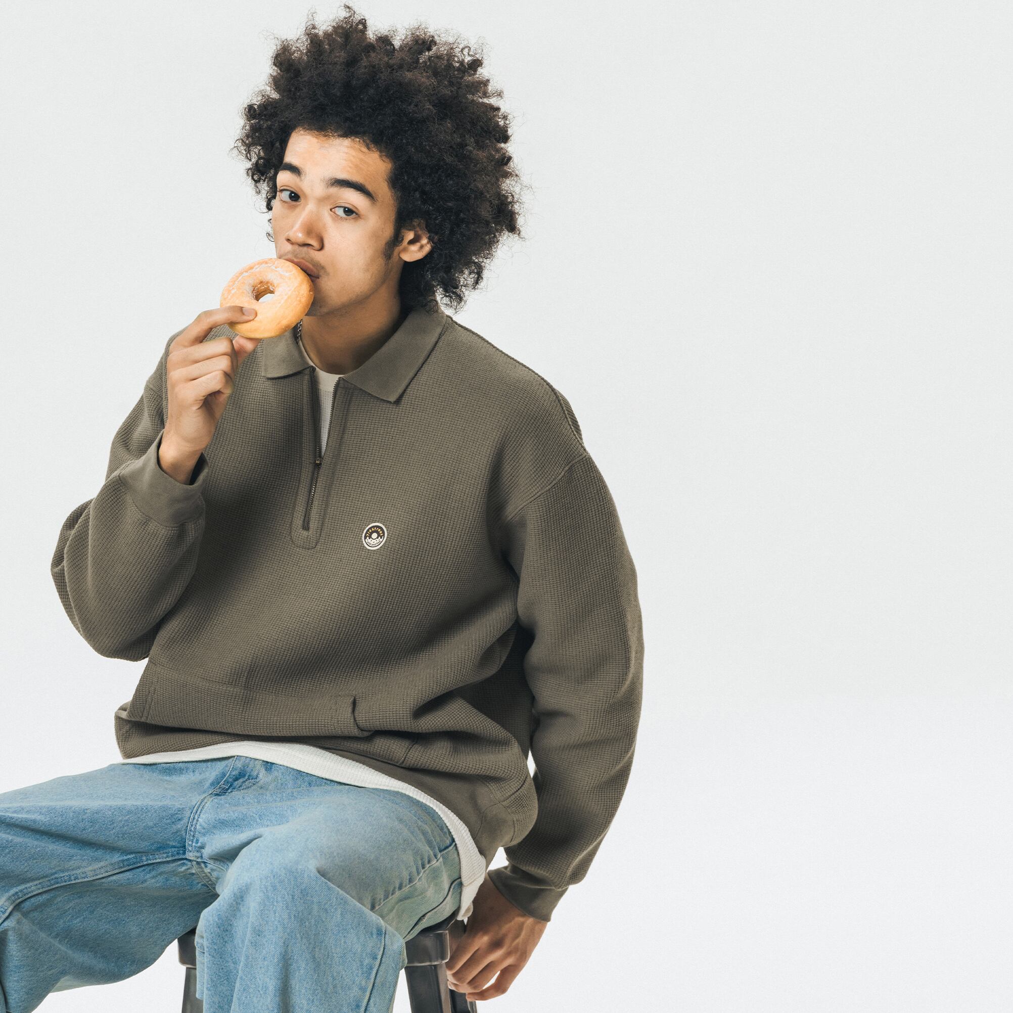 714streetワッフル生地ハーフジップスウェット