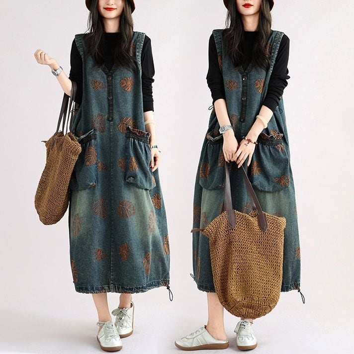 VINTAGE PRINT V-NECK DENIM POCKET MIDI DRESS M-18143