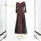 社交ダンス 衣装 JUN FASHION ドレス ワンピース ブラック系 花 花柄 ホログラム キラキラ レース 透け感 上品 練習 レッスン 黒 赤 伸縮 ストレッチ ダンス衣装 イベント ステージ パーティー レディース 柄 模様 レッド系