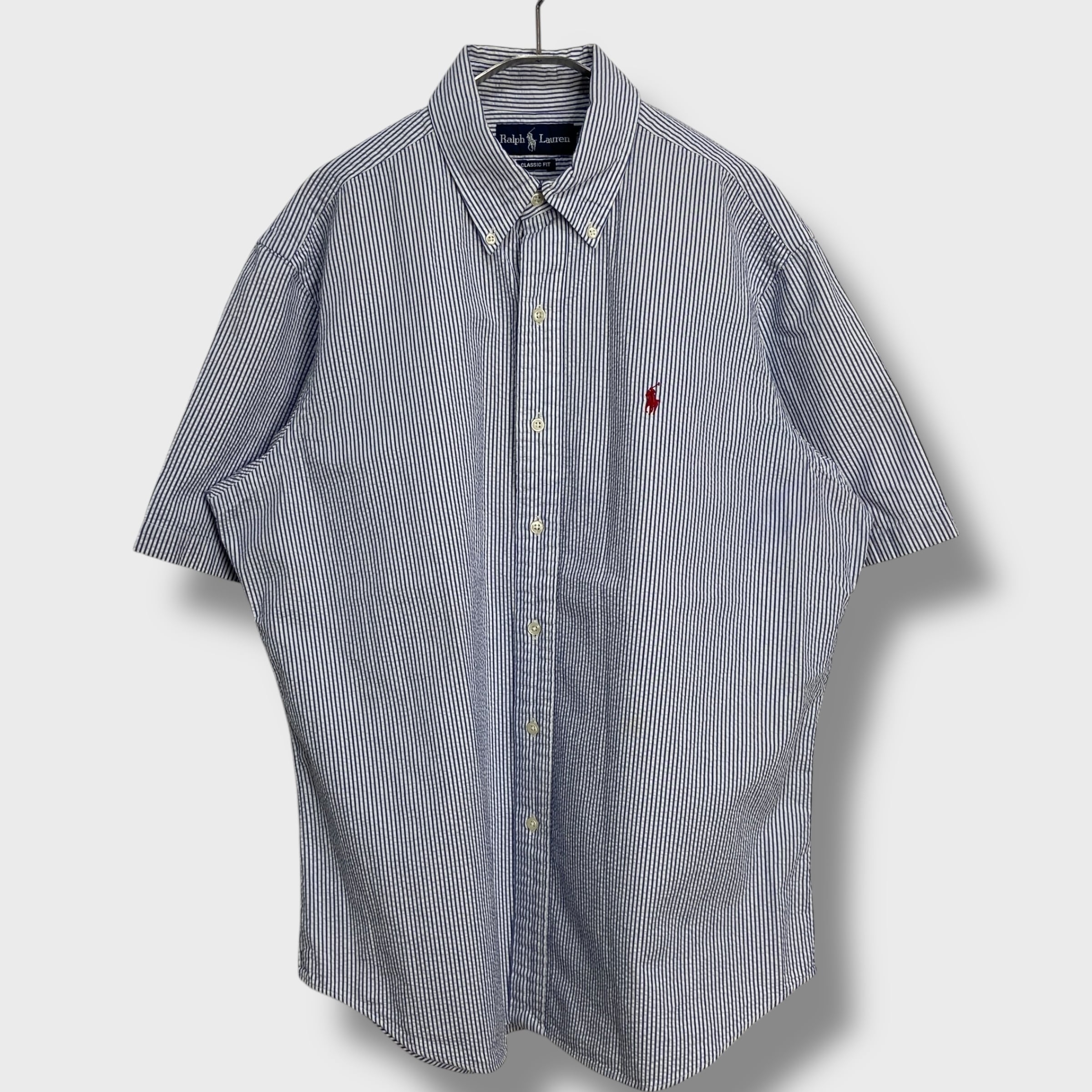 90s Ralph Lauren シアサッカー地半袖ストライプシャツ L | 古着屋 Uan