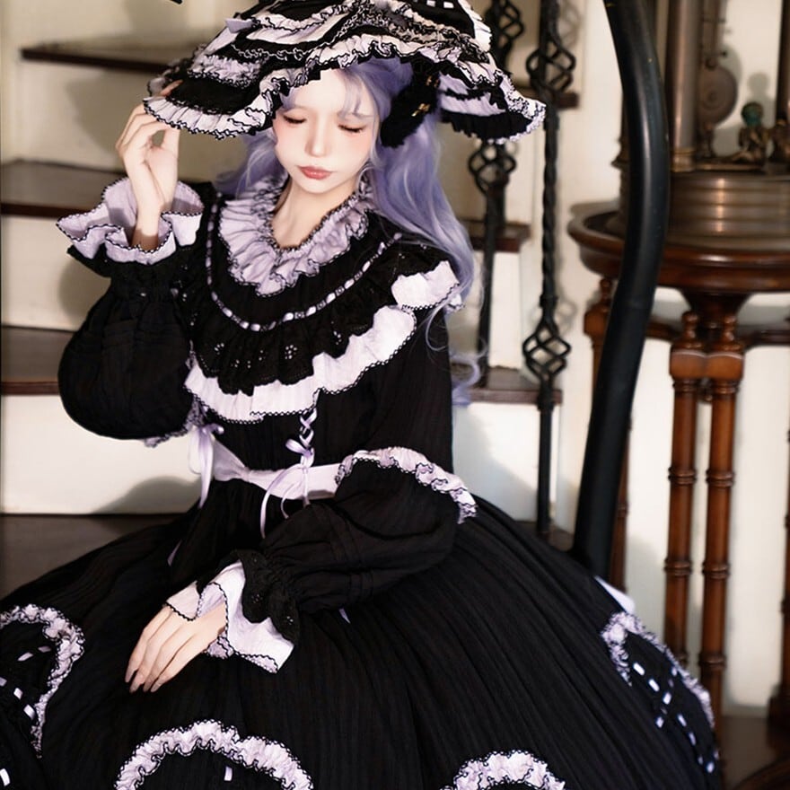 ゴスロリ ワンピース レース×姫系クラシック ブラック×ラベンダー