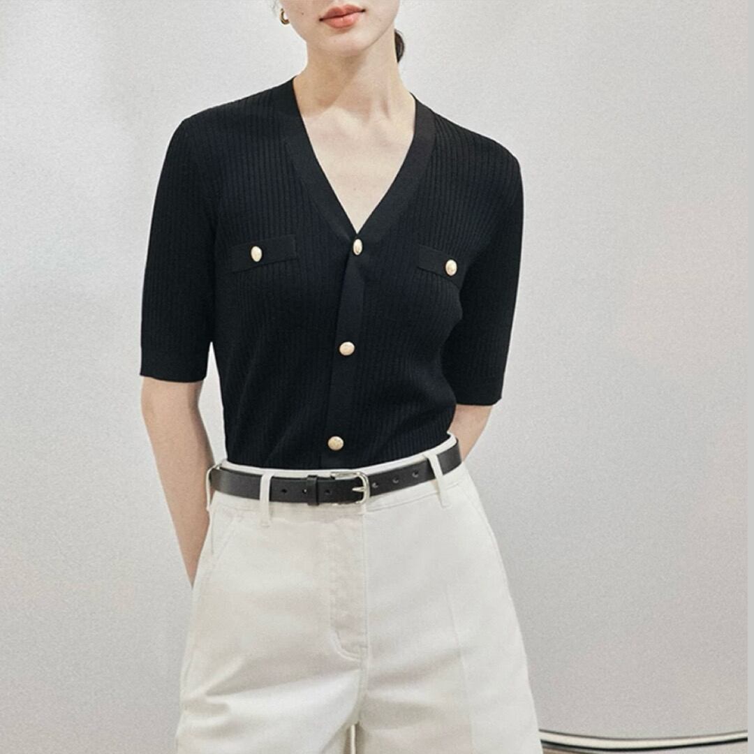 Gold botton V neck short sleeve knit tops 00052
