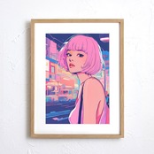 Bob Girl Ⅴ｜ピンクヘアが印象的なレトロポップアートポスター｜淡いパステルが描くシティポップでおしゃれな空間演出A4ポスター