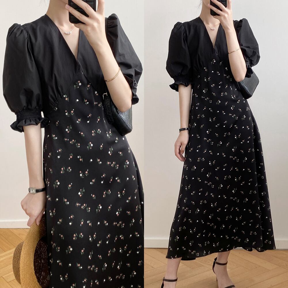 ワンピース レディース ロング丈 半袖 パフスリーブ Vネック シフォン かわいい 大人可愛い きれいめ 上品 エレガント 清楚 フェミニン おしゃれ お洒落 綺麗 お嬢様 おとな ナチュラル こなれ感 ラブリー キュート ガーリー レトロ ロマンチック 抜け感 華やか 主役級 存在感 花柄 小花柄 フラワー OL 通勤 学生 通学 デート お出かけ 女子会 カフェ巡り 街歩き お買い物 M L XL 2XL 3XL 4XL 大きいサイズ ブラック 黒 夏 10代 20代 30代 韓国 韓国系 送料無料