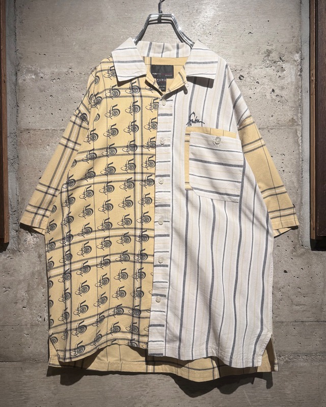 【Caka】“FUBU” Check × Stripe Switch Vintage S/S Open Collar Shirt
