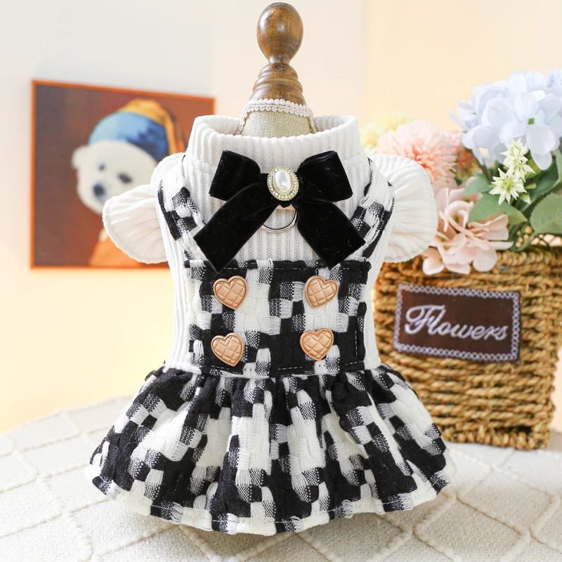 ハートの金ボタン付ギンガムチェックのワンピース 【犬服】 00548
