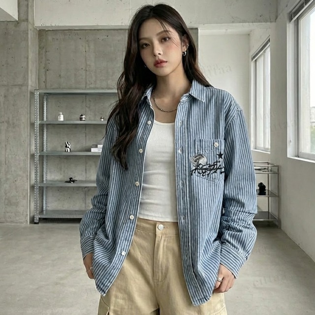 Y-4789　2026新作♡HOSPITALロゴストライプデニムシャツ　ライトデニム　0120