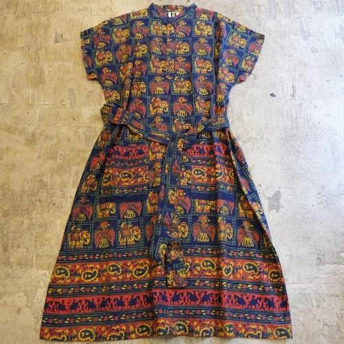 vintage ブロックプリントワンピース