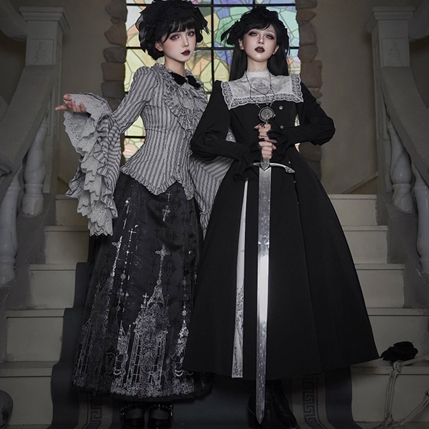 ゴスロリ 6点 セット ストライプ 姫袖 ブラウス ロング JSK フリル袖 黒白 ロリィタ 地雷系 PUJI
