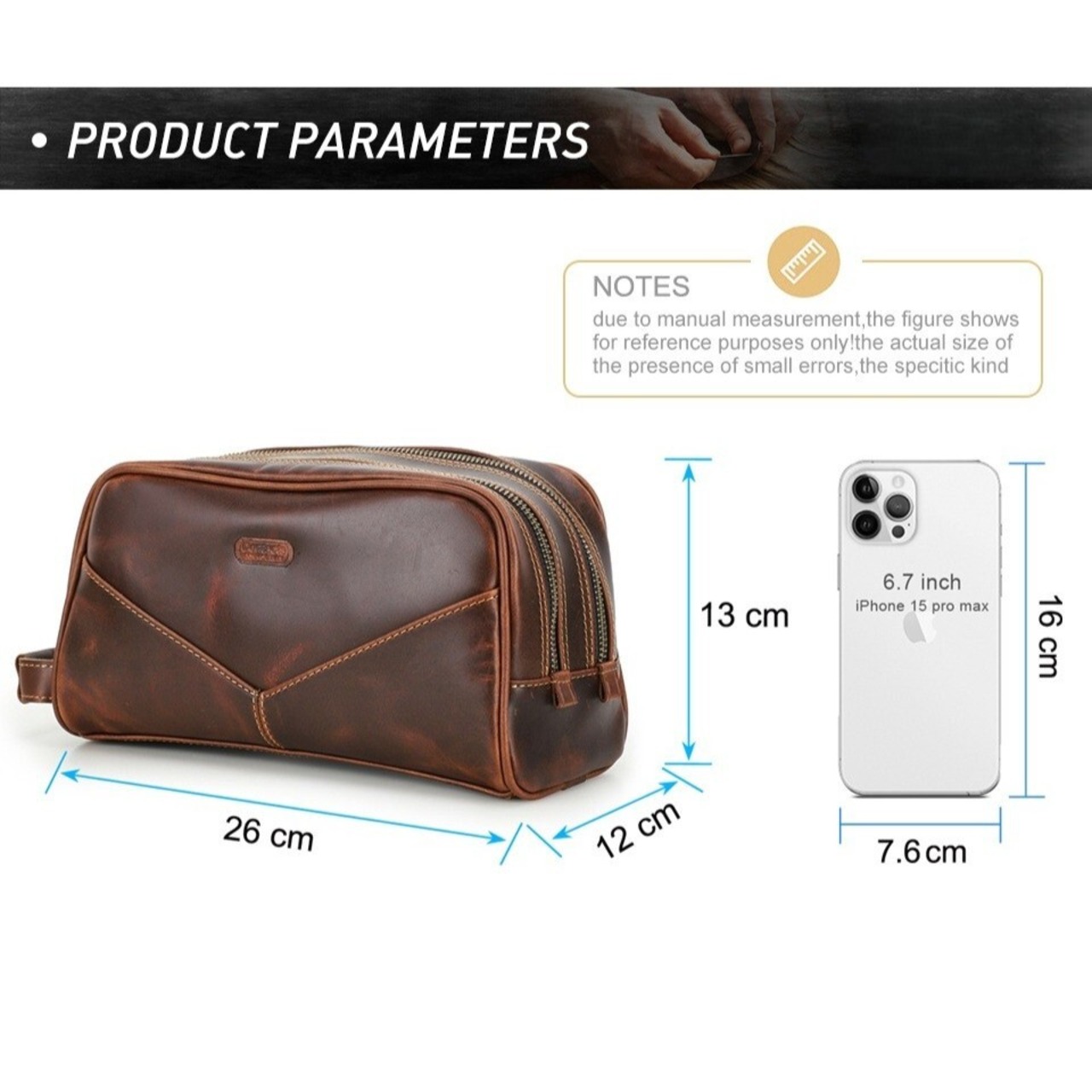 Double Zip Genuine Leather Travel Pouch Bag / 本革 ダブルジップ レザー トラベル ポーチ バッグ