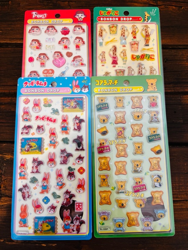 ボンボンドロップシール　じゃがりこ・コアラのマーチ・クッピーラムネ・ペコちゃん（ミルキー）