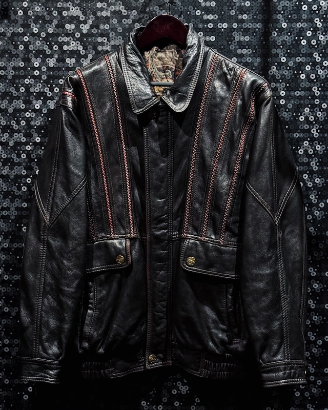 【ÆIEM】vintage red color stitch design leather jacket