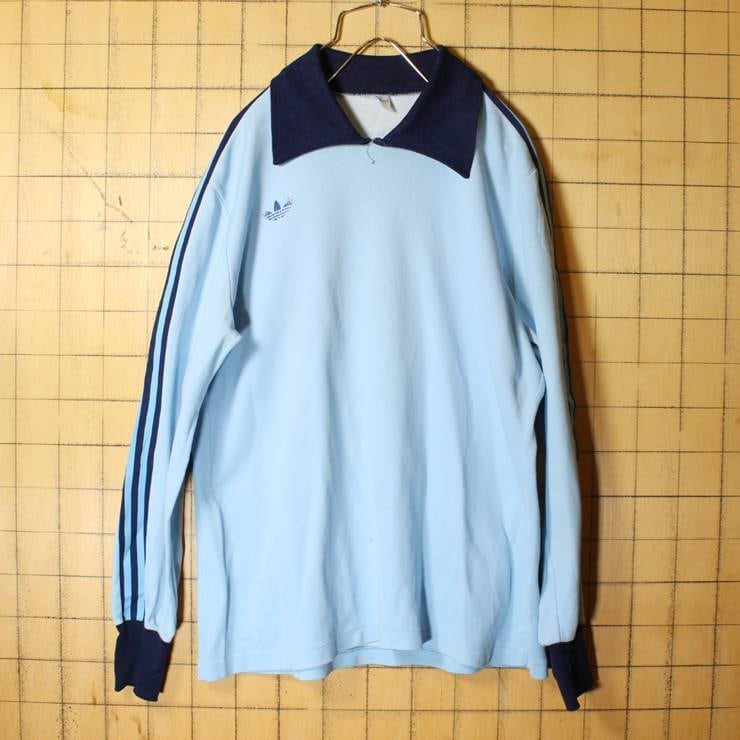 70s フランス製 adidas アディダス VENTEX サッカーシャツ ライトブルー メンズSM相当 ワンポイント ロンT ジャージ  ヨーロッパ古着　021021aw30