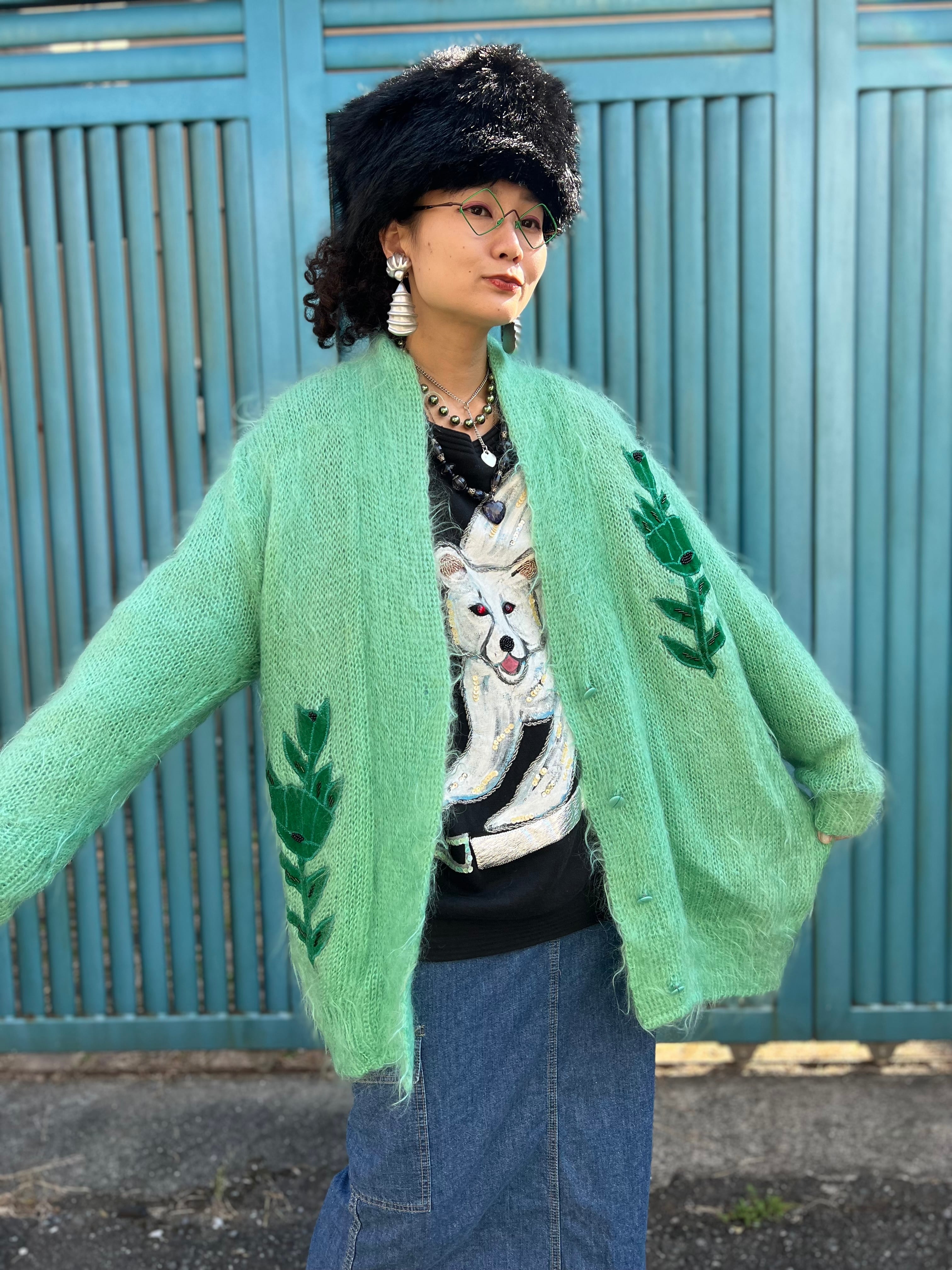 80s melon green × flower appliqué mohair knit coat ( ヴィンテージ