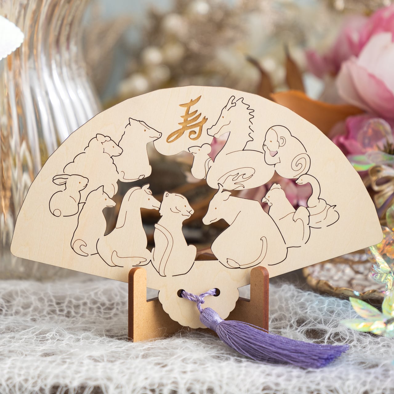 正月飾り 十二支 扇子⌇木製「十二支たちの寿ぎ」スタンド付き◎¦縁起物 干支飾り 干支 三合 支合