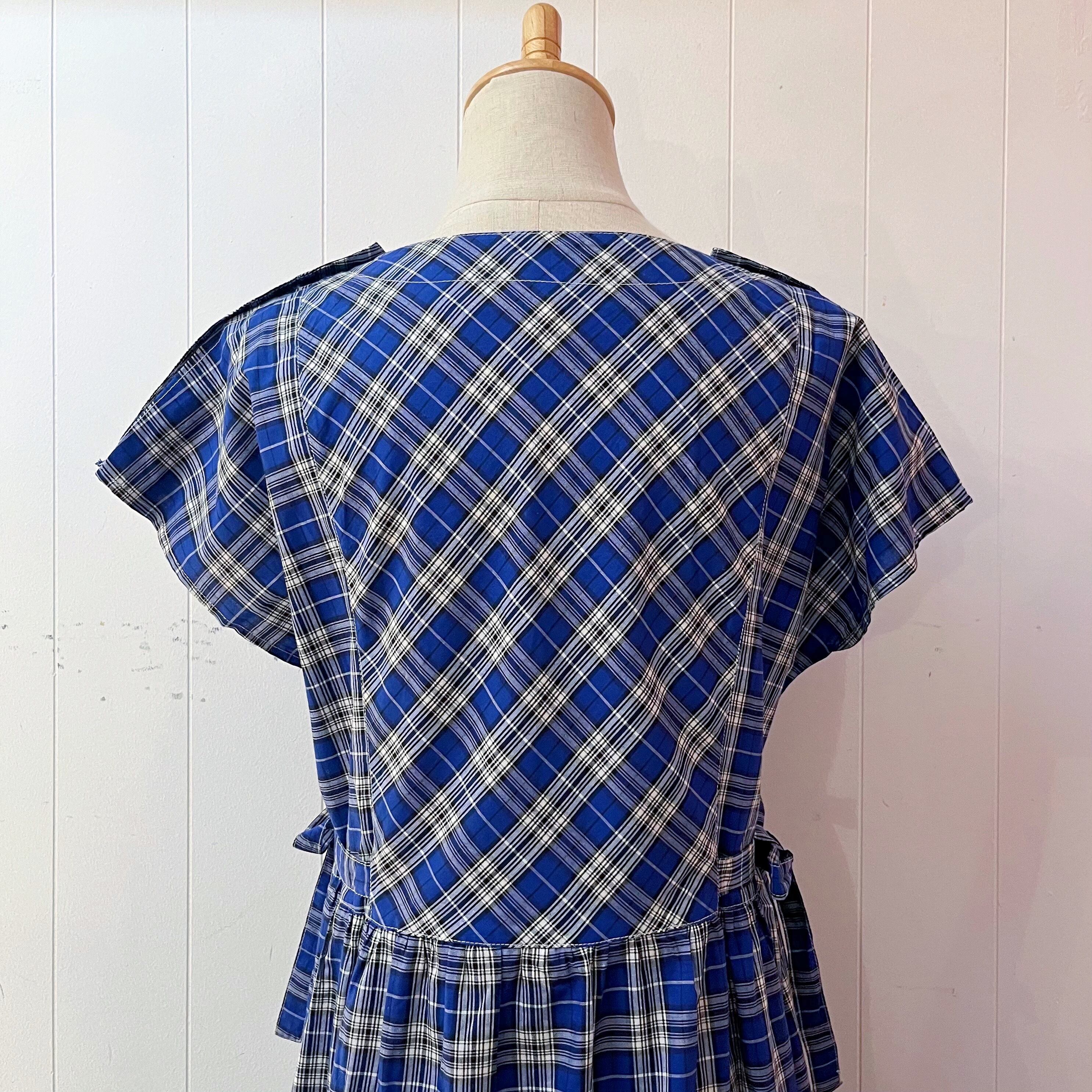 blue white check cotton one-piece