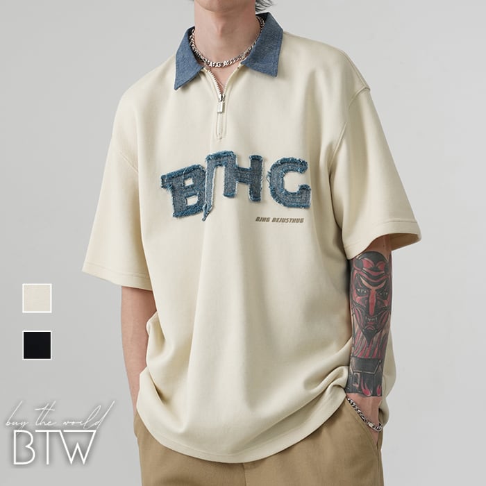 韓国メンズファッション】デニムアクセント半袖ポロシャツ アメカジ