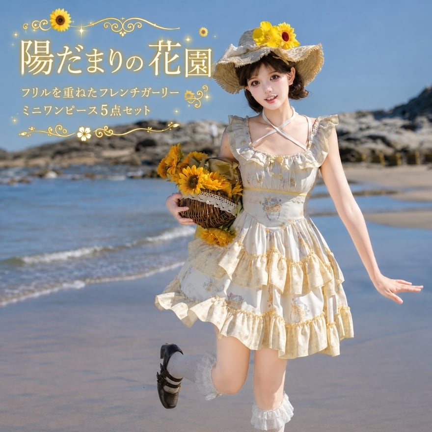 陽だまりの花園 フリルを重ねたフレンチガーリーミニワンピース5点セット