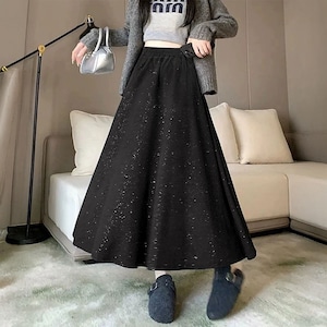 ロングスカート ラメ入り フレア レディース 春秋冬 韓国 おしゃれ 大人 かわいい きれいめ キラキラ ゆったり 体型カバー ハイウエスト ウエストゴム 大人可愛い 大人女子